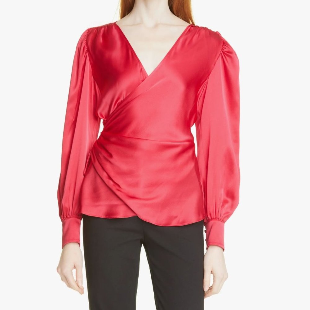 Cinq A Sept Dorothea Raspberry Pink Surplice Silk Ruched Blouse M